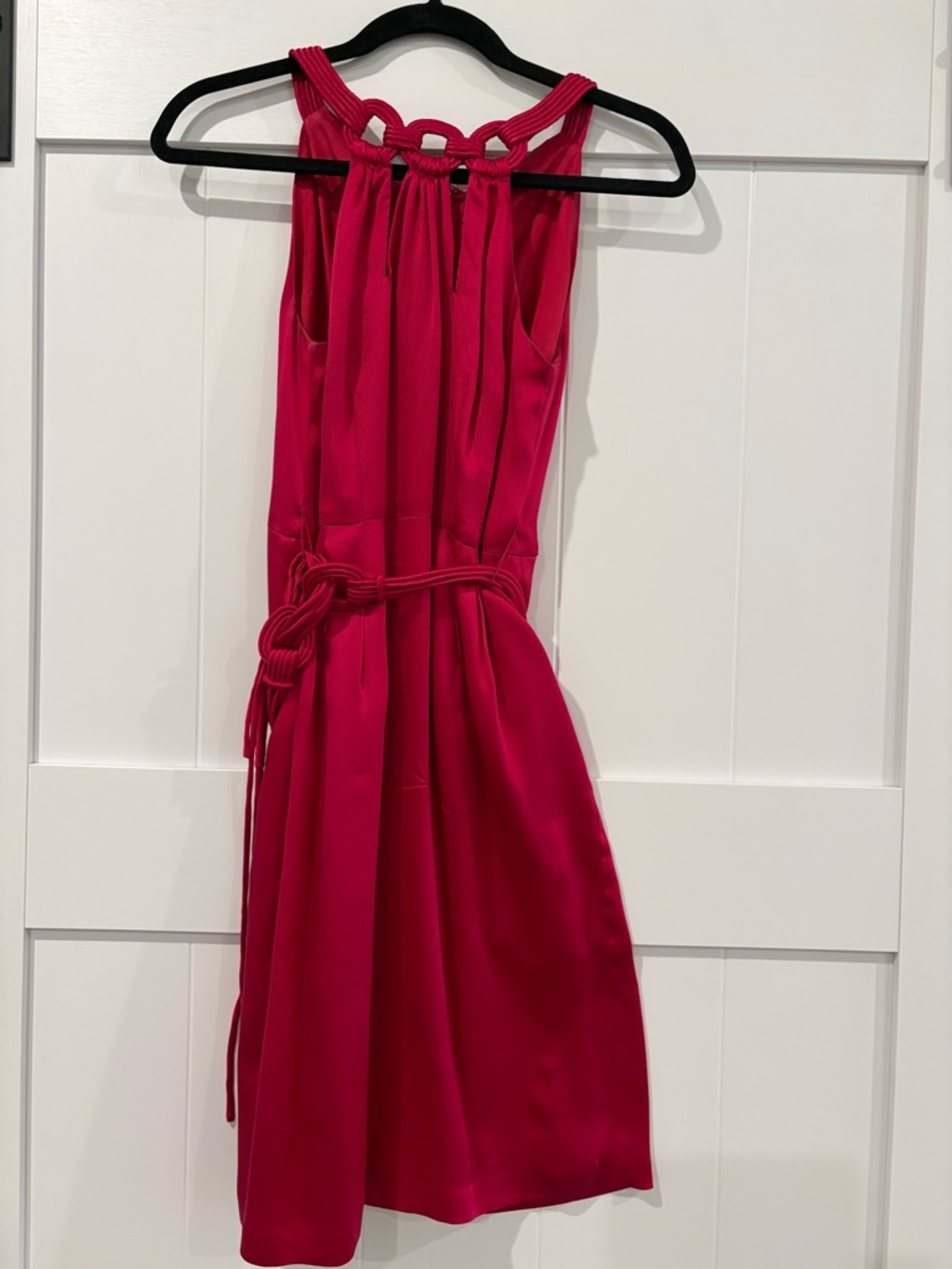 Red Midi Dress with Braided Halter and Waist Tie